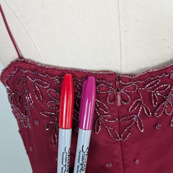 Scala Beaded Prom Dress Maxi Gown S Red Pink Silk Y2K Fairy Y2K Modest Gatsby - Picture 12 of 16